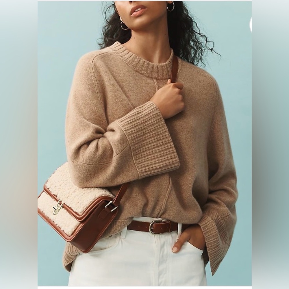 NWT Maeve Anthropologie Chandler Crew-Neck Cashmere Sweater Tan XS
